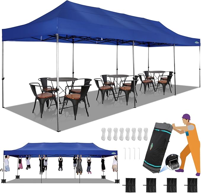 COBIZI 10x30 Heavy Duty Pop up Canopy Party Tent for Parties Weddings Events UPF 50+ Waterproof Commercial Gazebo with Roller Bag, Dark Blue(Frame Thickened)