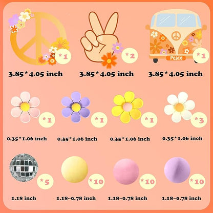 45 PCS Groovy Cake Toppers Boho Cake Topper Hippie Party Decorations with Flower Bus for Girl Birthday Party Boho Groovy Party Supplies (Style 1)