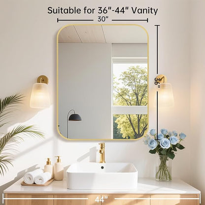 30x36 Inch Gold Bathroom Mirror, Brushed Gold Metal Framed Rectangular Mirror with Rounded Corner, Bathroom Vanity Mirror for Bedroom or Living Room, Horizontal/Vertical
