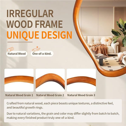 Irregular Wall Mirror with Wood Frame, 35" x 24" Orange Asymmetrical Mirror, Decorative Mirrors for Bedroom Living Room Entryway Hallway Cloakroom, Shatterproof, Horizontal/Vertical