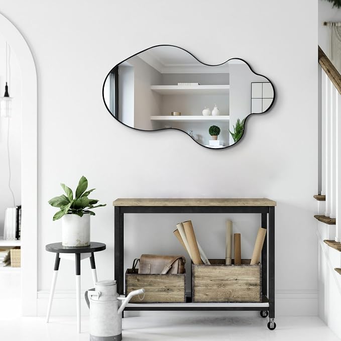 Irregular Wall Mirror, 30"x18" Asymmetrical Decorative Accent Mirror with Black Metal Frame, Organic Shape Mirrors for Entryway Bedroom Living Room, Horizontal or Vertical Hanging
