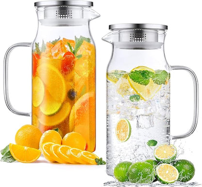 Bivvclaz 2 Pack 1.2 Liter 40 oz Small Glass Pitcher with Lid and Handle, Glass Carafe Water Pitcher for Hot/Cold Water, Iced Tea, Drinks, Coffee, Juice and Homemade Beverage