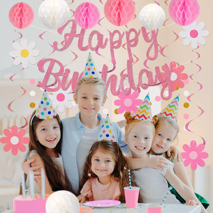 Birthday Decorations, NO DIY, Pre-Strung Happy Birthday Banner with Honeycomb Balls, Hanging Swirls, Circle Dots Garland, Happy Birthday Party Decorations for Women Men Boys Girls (Pink)