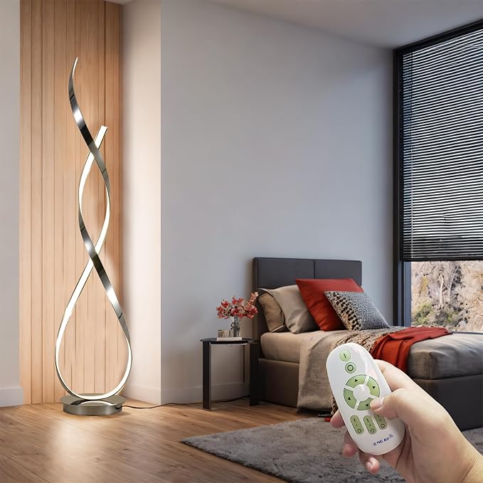 Chrome Spiral Floor Lamp, 54.3inch Tall LED Modern Standing Floor Lamp with Remote Control, 3 Color Dimmable 40W 4000LM Super Bright Floor Lamps for Living Room Bedroom