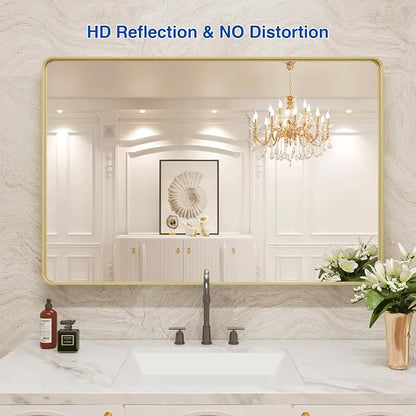 WEER Gold Bathroom Mirror, 48X30 Inch Brushed Gold Metal Frame Mirror, Rounded Rectangle Gold Bathroom Vanity Mirror for Wall, Tempered Glass, Anti-Rust, Hangs Horizontally or Vertically