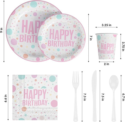 Exquisite 350 Pcs birthday Plastic Plates For Party, birthday Disposable Plates Set, 50 Of Each 9" Dinner Plate Set, 7" Dessert Plate, Cups, Napkins & Cutlery Plastic Dinnerware