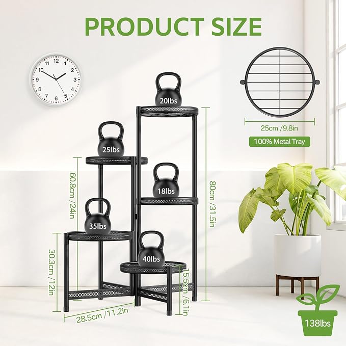 iDavosic.ly 5 Tier Large Plant Stand Indoor with 10-Inch Wide Drainage Tray, Tiered Corner Metal Outdoor Flower Display Holder Shelf, Folding Tall Rack for Patio Porch Balcony, Black Iron Carving