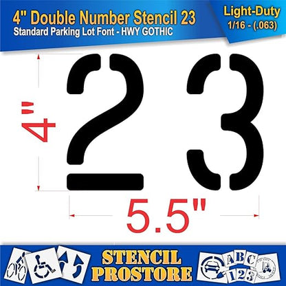 Pavement, Curb, and WheelStop Stencils - 4 inch Double Number Stencil - (23) - 4" x 5.5" x 1/16" (63 mil) - Light-Duty