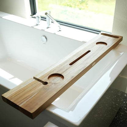 EcoDecors Eleganto 42" Live Edge Solid Teak Bath Caddy Tray with Handle, Book & Tablet Holder, Wine Glass Holders, Luxury Bathtub Tray