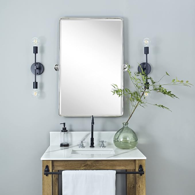 Farmhouse Pivot Rectangle Bathroom Mirror Chrome Metal Framed Tilting Beveled Vanity Mirrors for Wall, Overall 23.91 x 30 inches (Mirrror 20 x 30 inches)