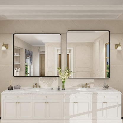 40x36 Inch Black Metal Framed Bathrrom Mirror for Wall, Black Rounded Rectangle Mirror, Matte Black Bathroom Vanity Mirror, Anti-Rust, Tempered Glass, Hangs Horizontally or Vertically