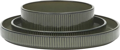 Gibson Elite 12 Piece (Service for 4) Townscape Plates and Bowls Reactive Glaze Embossed Round Dishes Terracotta Ceramic Dinnerware Set - Dark Green