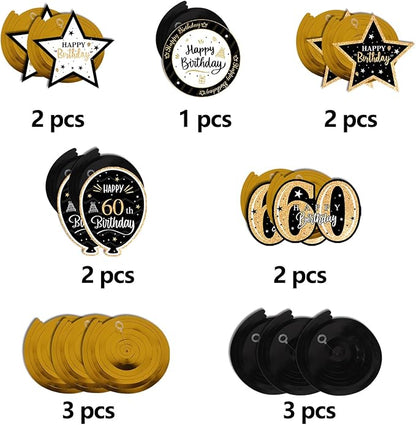 Happy 60th Birthday Black & Gold Glitter Swirls Streamers Party Decorations - 15 Pcs 60th Birthday Hanging Swirls Streamers Kit,Cheers to Sixty Years Old Bday Party Sign.