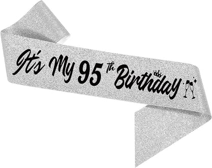 It's My 95th Birthday Sliver Sash - Sparkling Happy 95th Satin Sash for Women - 95 Years Old Birthday Party Decorations