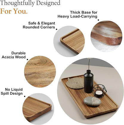 Acacia Rectangle Wooden Tray - 2 Sizes 16" X 12" and 10" X 6" - Food Safe Serving Tray - Large & Small Wooden Trays Combination - Durable Wood Display Tray for Coffee Party or Home Decor