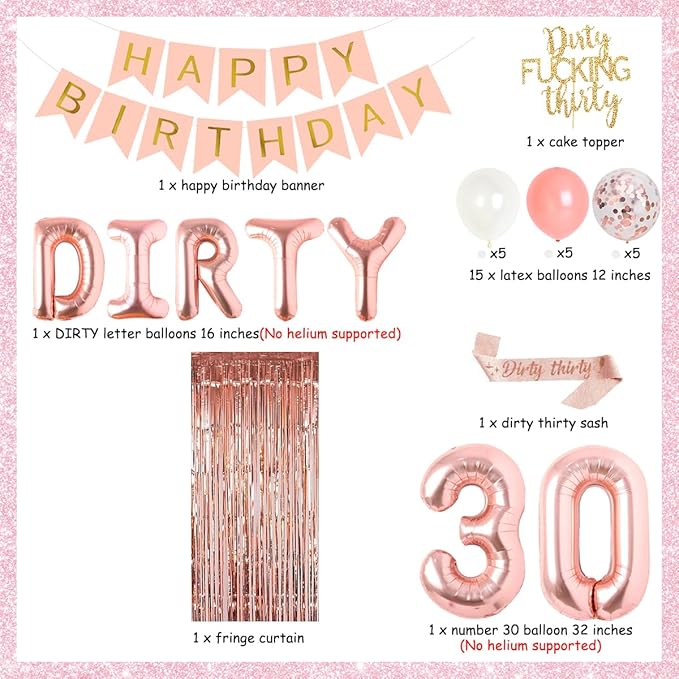 30th Birthday Party Decorations for Her, Rose Gold Dirty Thirty Banner Balloon Sash Cake Topper, 30 Years Old Birthday Party Supplies for Women
