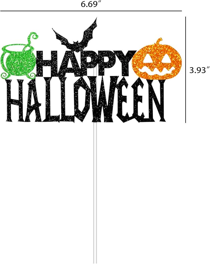 Happy Halloween Cake Topper, Halloween Party Decorations for Bat Pumpkin Medicine Jar Theme Birthday Party Supplies, Black Sparkle Happy Halloween Cake Decor