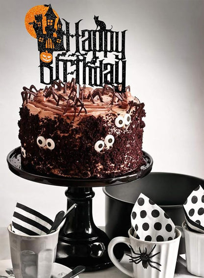 Halloween Birthday Cartoon Cake Topper with Spooky Haunted House Black Glitter Cake Decorations for Halloween Scary Theme Party Decor Supplies