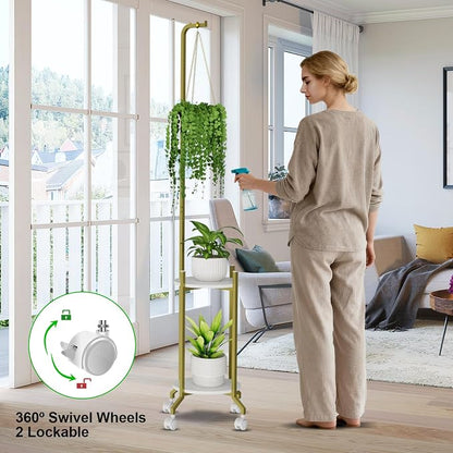 VyGrow Plant Stand Indoor, 2 Tier Hanging Tall Plant Shelf with Wheels, 3 Potted Corner Flower Stand Metal Plant Holder, Plant Shelves for Living Room, Bedroom, Patio, Outdoor, Gold