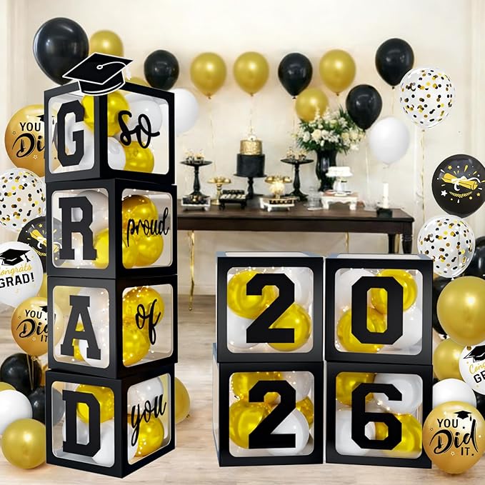 2026 Graduation Decorations - Black Balloon Boxes with Letters 2026 Grad & So Proud of You and Black White Gold Print Balloons, Graduation Party Decorations Class of 2026 for Any Grades(Black)