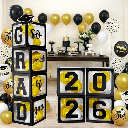 2026 Graduation Decorations - Black Balloon Boxes with Letters 2026 Grad & So Proud of You and Black White Gold Print Balloons, Graduation Party Decorations Class of 2026 for Any Grades(Black)