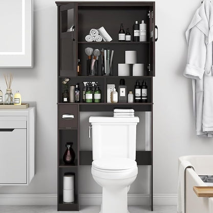 Over The Toilet Storage Cabinet, Storage Cabinet Over Toilet with Double Doors & Toilet Paper Holder Stand, Freestanding Toilet Shelf Space Saver with Anti-Tip Design & Adjustable Shelf, Espresso