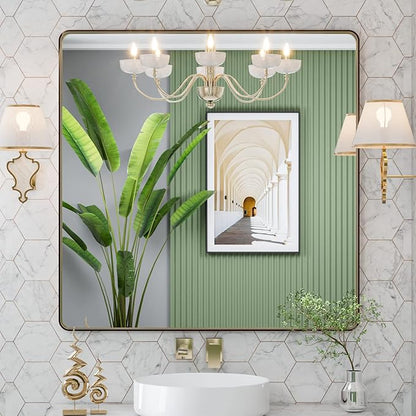LOAAO 36”X36” Bronze Bathroom Mirrors for Vanity, Rounded Rectangle Brushed Bronze Metal Frame Mirror, Anti-Rust, Tempered Glass, Hangs Horizontally or Vertically