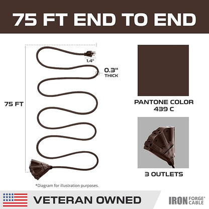 Iron Forge Cable 75ft Brown Outdoor Extension Cord with 3 Outlets - 16/3 SJTW 75ft Extension Cord 3 Prong, 10 Amp All-Weather Heavy Duty Power Cable