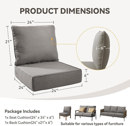 6" Thick Outdoor Chair Cushions - 24"* 24" Patio Furniture Cushions with Water Resistant & Removable Cover, 28D High Density Sponge Patio Cushion for Outdoor Furniture Couch Chair Grey