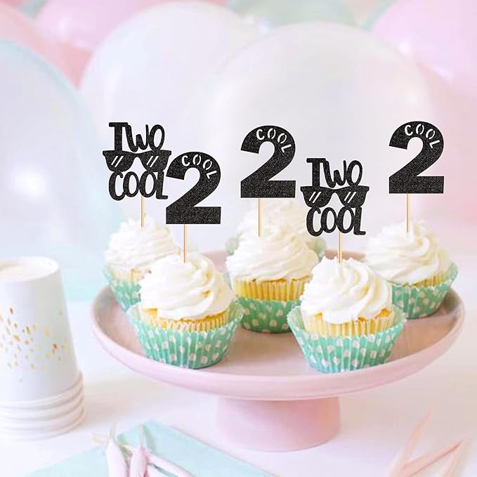 Ercadio 24 Pack Two Cool Cupcake Toppers Glitter Black Two Cool Happy 2nd Birthday Cake Picks Baby Shower Kids Second Birthday Party Cake Decorations