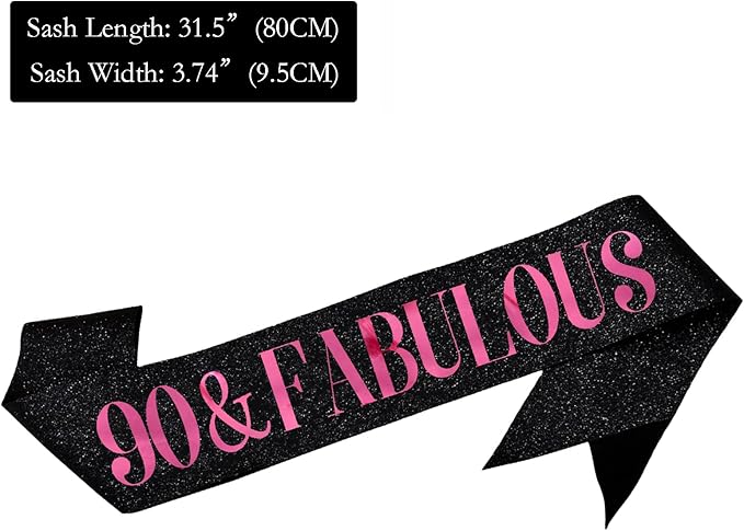 90 & Fabulous Sash, Funny 90th Birthday Sash for Women 90th Bday Party Photo Prop Favors Suppiles, Pink Foil Letter, Glitter Black