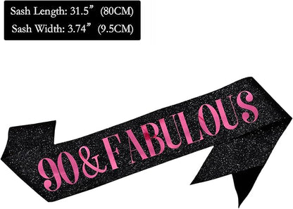 90 & Fabulous Sash, Funny 90th Birthday Sash for Women 90th Bday Party Photo Prop Favors Suppiles, Pink Foil Letter, Glitter Black