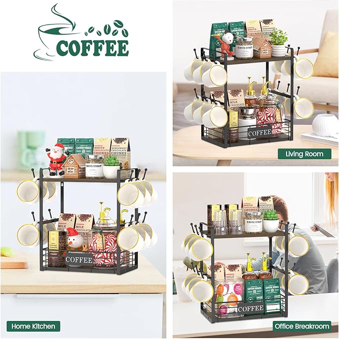 EsLuker.ly Coffee Mug Cup Holder Tree Bar Station Organizer, 2 Tier Mug Stand Rack for Countertop Kitchen, Storage Tower Display Shelf with 12 Hooks, Coffee Nook Enhancer, Brown-Black