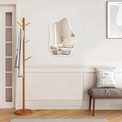 Wood Frame Hanging Mirror Asymmetrical Irregular Wall Mirror Unique Shape Modern Mirror Artistic Cloud Decorative Mirror for Living Room Bedroom Vanity Bathroom Entryway Hallway White