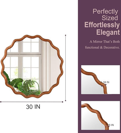 30 Inch Wooden Wavy Round Wall Mirror, Modern Solid Wood Frame Circle Decorative Accent Mirror for Bedroom, Bathroom, Living Room, Entryway, Yellowish Brown