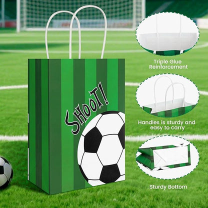 Ethanberg 20Pcs Soccer Party Favor Bags with Handles, Soccer Themed Kraft Paper Gift Bags Candy Bag, Shoot Theme Goodie Bag for Sport Team Ball Events Theme Birthday Party Supplies
