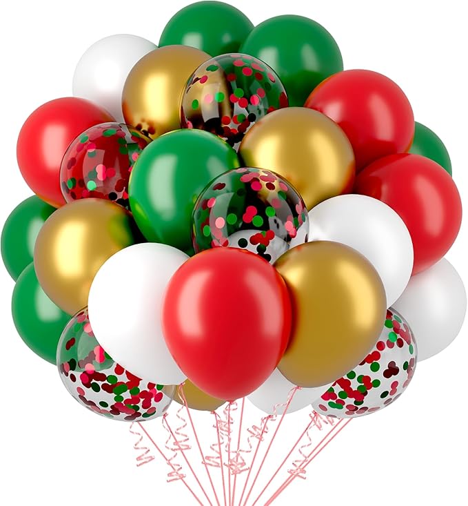 Christmas Red and Green Balloons 60 Pcs 12 inch Christmas Party Balloons Confetti Balloons Gold Metallic Latex Balloon Matte Holiday Balloons for Xmas Balloon Arch Party Birthday Decorations