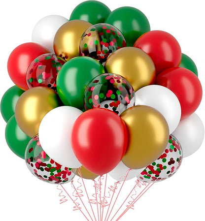 Christmas Red and Green Balloons 60 Pcs 12 inch Christmas Party Balloons Confetti Balloons Gold Metallic Latex Balloon Matte Holiday Balloons for Xmas Balloon Arch Party Birthday Decorations