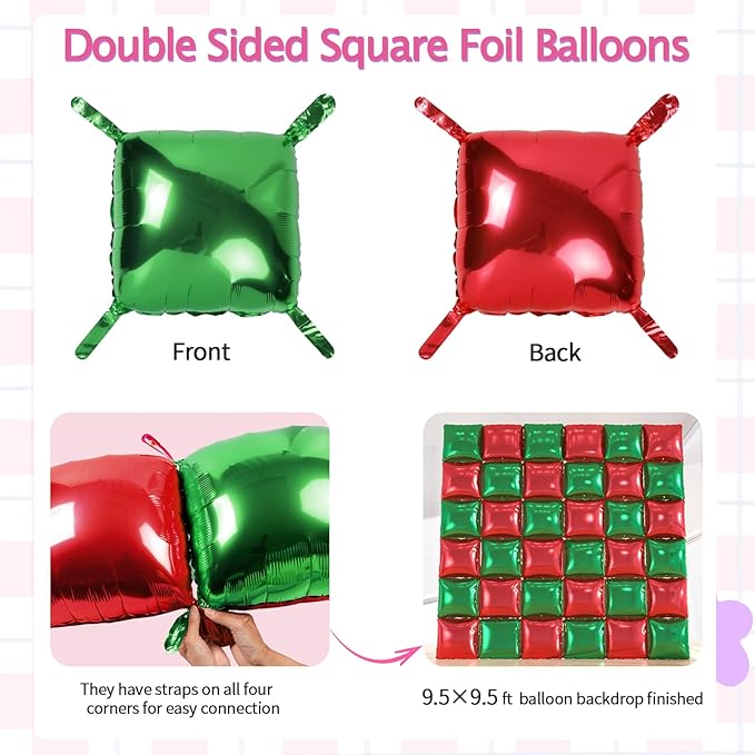 36pcs Red and Green Square Foil Balloons Kit - Christmas Balloon Garland Backdrop Wall for Holiday, Birthday, Graduation Party Decorations(with Straws & Ribbon)