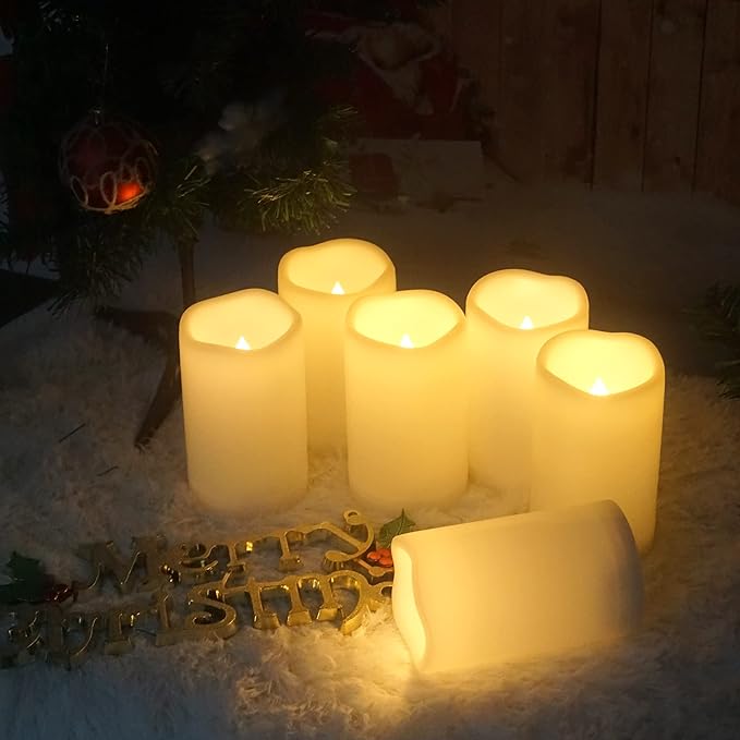 CANDLE CHOICE Waterproof Outdoor Battery Operated Flameless Candles with Remote Timer Plastic Realistic Flickering Fake Electric LED Pillars Lantern Garden Wedding Christmas Decorations 3”x5” 6 Pack