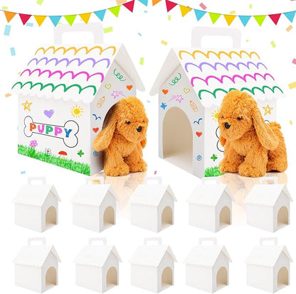 BLSUREFYX 12 PCS Dog Party Favors Boxes 7 x 4.7 x 3.9 Inches Adopt A Puppy Party Favors Boxes Dog House Shaped Treat Gift Boxes for Kids DIY Crafting and Birthday Party Use White