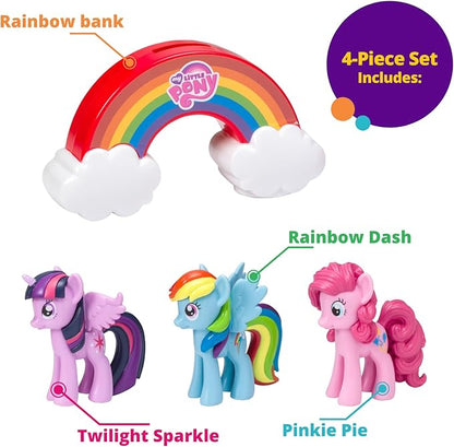 DecoSet® My Little Pony™ Over The Rainbow Signature Cake Topper, 4 Piece Decoration, Dash, Pinkie Pie, and Twilight Sparkle, Coin Bank, Collectable Figurines For Birthday