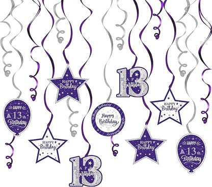 Happy 13th Birthday Purple & Silver Glitter Swirls Streamers Party Decorations - 15 Pcs 13th Birthday Hanging Swirls Streamers Kit,Cheers to Thirteen Years Old Bday Party Sign.