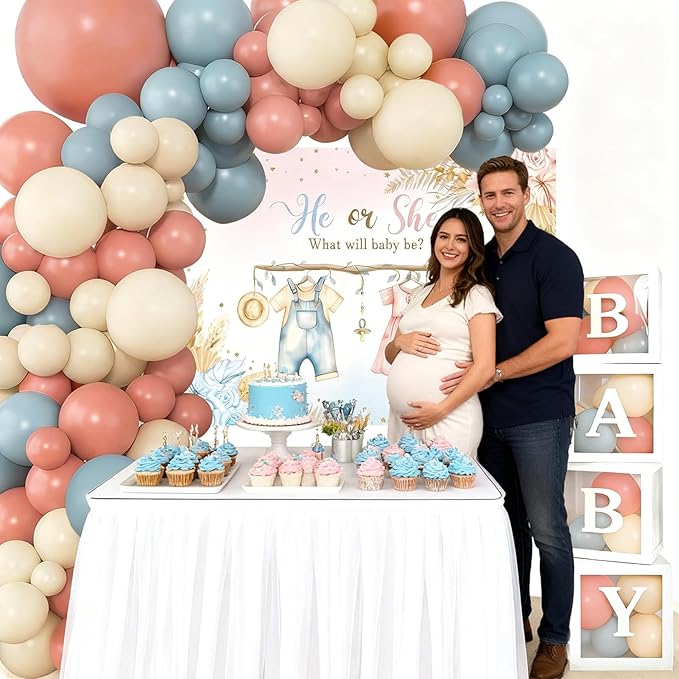 138Pcs Gender Reveal Decorations Kit with Dusty Pink Blue Balloon Garland Arch, Baby Box with Letters, He Or She Cloth Backdrop, Boy Or Girl Gender Reveal Ideas Decor Party Supplies