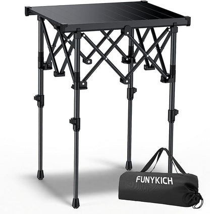 FUNYKICH Folding Camping Table(L19.9''xW16.1''), Aluminum Roll-up Portable Picnic Table with 2 Adjustable Height(17.3'' & 27.6'') for Picnic, Camping, BBQ, Party, Backyard, Beach