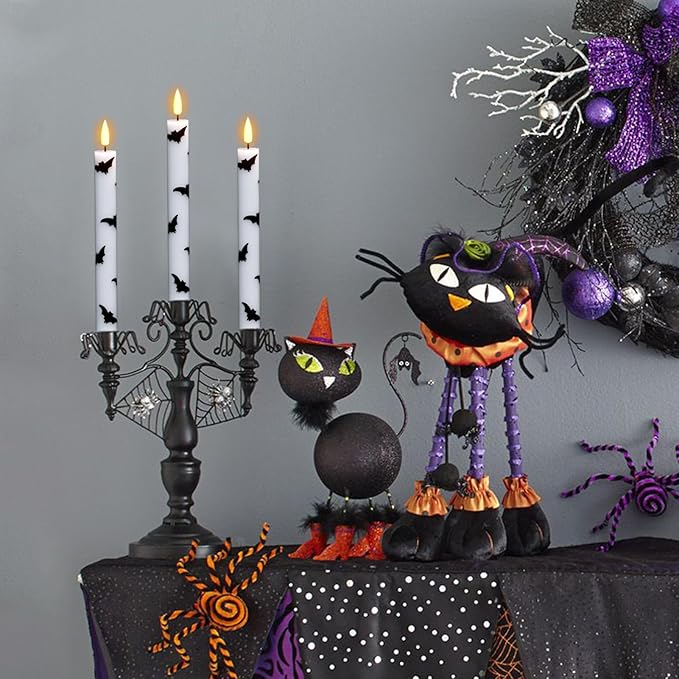 Halloween Flameless Taper Candles Battery Operated with Remote and Timer, Real Wax 3D Wick Flickering LED Taper Candle Bats Decals Dinner Table Halloween Decor(4 Pack, 0.78”D x 9.64”H)