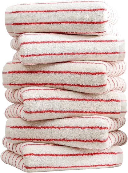 Striped Towels for Bathroom, 6 Pack Bath Hand Towels 100% Cotton Absorbent Quick Dry Face Towels for Bathroom Showering & Guest & Men and Women, 13” x 29”, Red and White Stripe