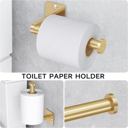 Bathroom Accessories Set, KLJKPA 4 Pieces Gold Bathroom Hardware Set, 24 inch Towel Bar, Towel Racks for Bathroom, Robe Towel Hooks, Toilet Paper Holder Wall Mounted