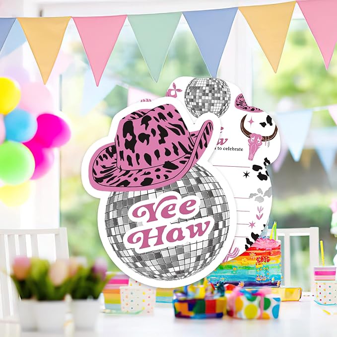 AEHIE 20 Sets Yeehaw Western Girl Birthday Party Shaped Fill-In Invitations With Envelopes,Hot Pink Disco Ball Party Invitation Invite Cards for Girls,Western Birthday Party Invites