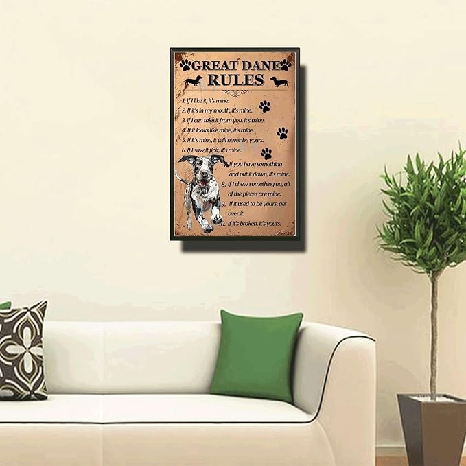 Metal Sign Tin Sign Vintage Wall Art Great Dane Rules Decor Outdoor for Restaurant 12×16 Inches with Metal Frame